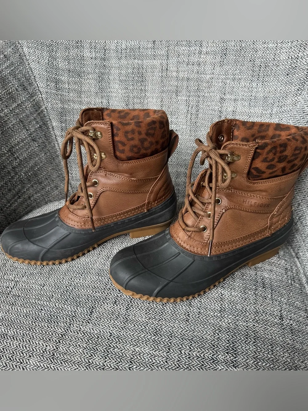 Tommy Hilfiger Brown Leather & Black Rubber Duck Boots with Leopard Cuff